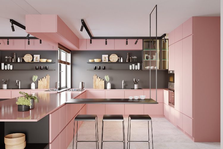 Desain kitchen set berwarna pink, sumber R3D RABBIT